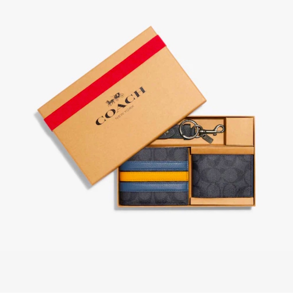 Boxed 3 In 1 Wallet Gift Set In Signature Canvas With Varsity Stripe